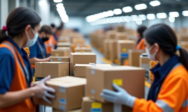 Paquetes siendo preparados para envío en un almacén de e-commerce.