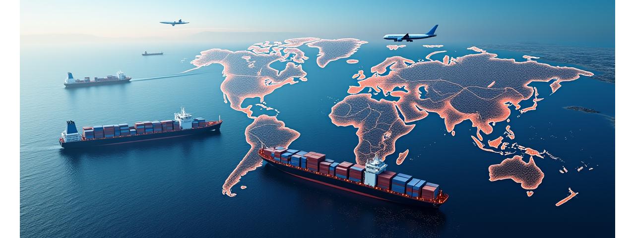 Visión global de una red logística compleja con transporte marítimo, aéreo y terrestre.